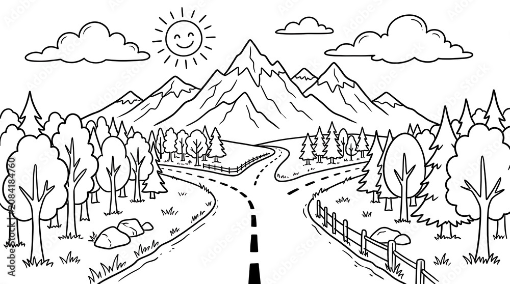 Fototapeta premium Black and white of road diverging into mountains with trees and sunny sky cloud