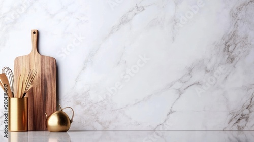 Modern kitchen utensils and cutting board on marble background