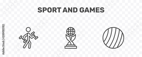 Fotografie sport and games icon set with excercise, world cup, exercise ball signs in flat