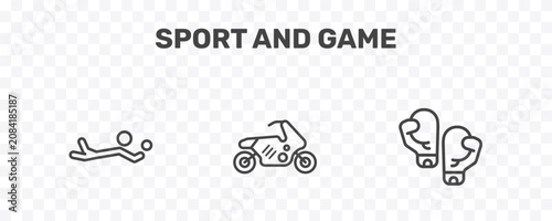Fotografie sport and game icon set with volleyball motion, race bike, two boxing gloves sig