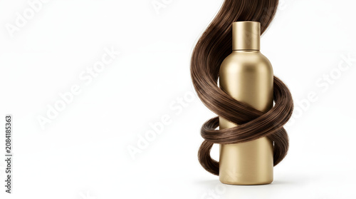 Matte gold shampoo bottle mockup wrapped in smooth brown hair strand