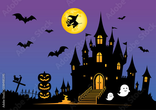 Halloween background with haunted castle, stairs, full moon with flying witch, and ghosts, vector illustration