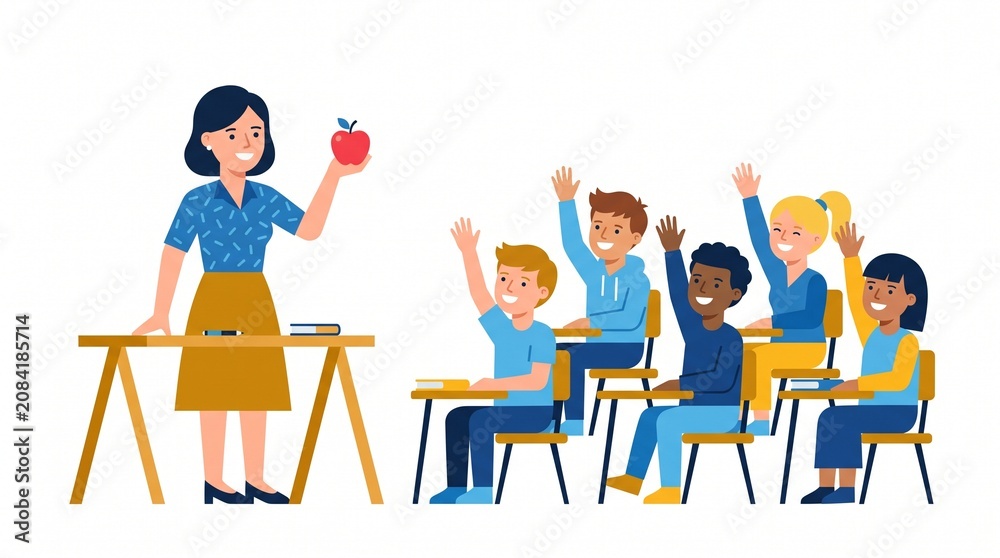 Fototapeta premium Happy students in classroom, teacher with apple, school kids raising hands, education scene, colorful illustration