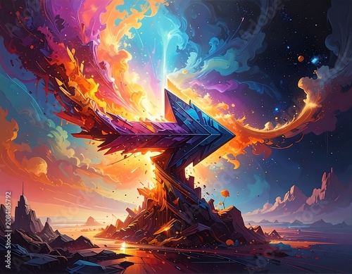 A large arrow-shaped structure piercing a fiery sky, reflecting off a liquid surface with distant mountainous formations