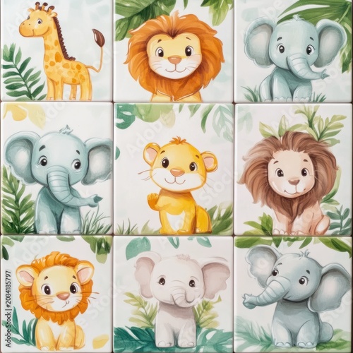 Adorable baby animals lion elephant giraffe illustrations