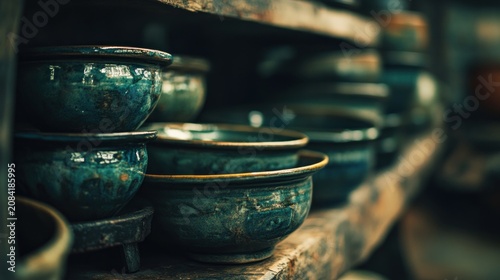 Rustic teal ceramic bowls on wooden shelves home decor pottery artisan crafts