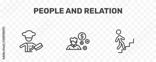 Photos people and relation icon set with butcher with knife, book keeper, walking downs
