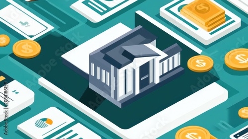 Isometric bank building on digital screen with financial elements