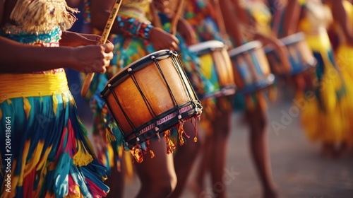 Colorful drummers in a lively parade vibrant costumes and festive atmosphere