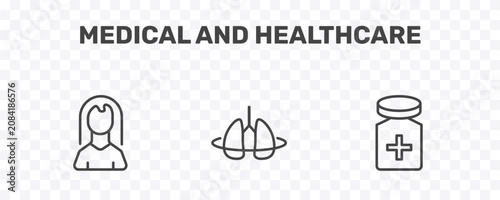 Foto medical and healthcare icon set with female, breath control, cure signs in flat