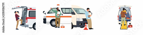 Foto Collage of flat vector illustrations depicting fathers holding children near emergency vehicles and ambulances, representing family safety, healthcare, and parental protection