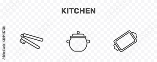 Canvas-taulu kitchen icon set with garlic press, pot, tray signs in flat outline style