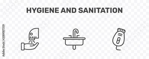 Photography hygiene and sanitation icon set with dryer, washbasin, epilator signs in flat ou