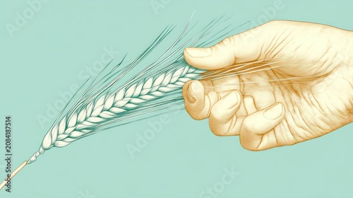 Hand holding wheat stalk agriculture harvest illustration