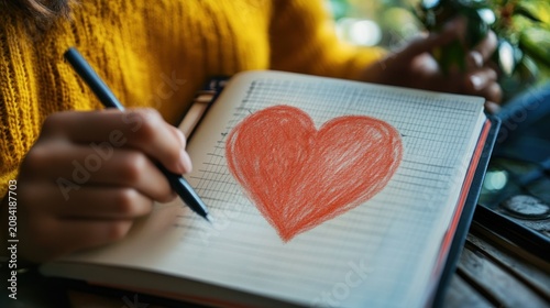 Woman drawing heart in notebook close up red pen journaling