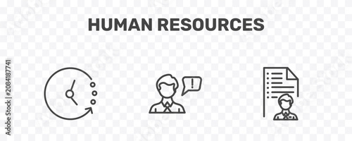 Schilderij op canvas human resources icon set with timing, grievance, job application signs in flat o