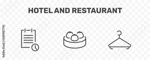 Foto hotel and restaurant icon set with reservation, dim sum, hanger signs in flat ou