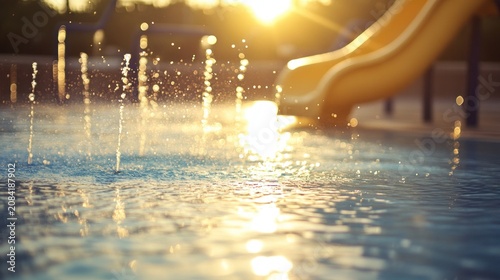 Golden sunset water droplets on pool surface at summertime
