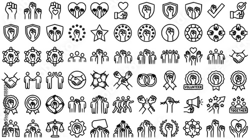 Bild auf Leinwand Raised Fist Icons Vector Set for Solidarity Teamwork Volunteer Community and Col