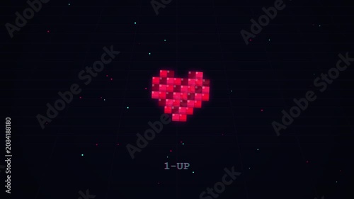 Pulsing 8-bit Pixel Art Heart Symbol with 1-Up Retro Gaming Text