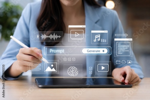AI-Powered Content Generation Concept with Businesswoman Creating Professional Content Using Generative Artificial Intelligence Technology