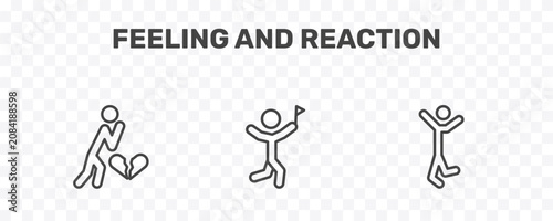 Fotografie feeling and reaction icon set with heartbroken human, accomplished human, happy