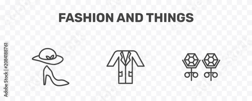 Foto fashion and things icon set with style, lab coat, stud signs in flat outline sty