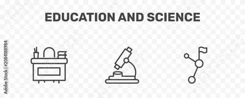 Fotografie education and science icon set with teacher desk, biology microscope, halfway si