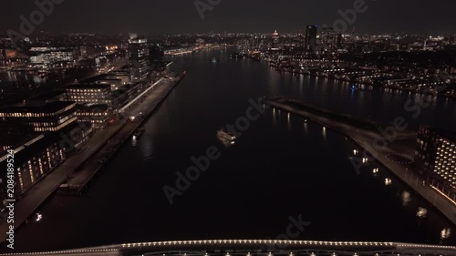 Night city river and bridge view