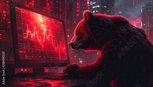 A large bear in a dimly lit setting examines a monitor displaying a declining stock chart, with a cityscape backdrop