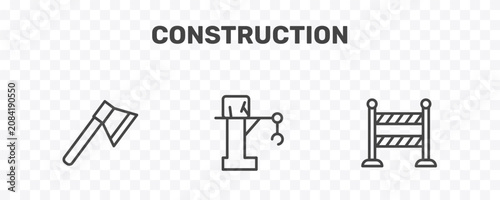Photos construction icon set with inclined ax, big derrick with boxes, road barrier sig