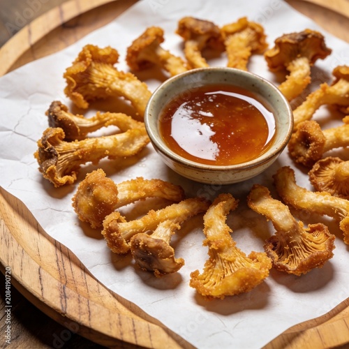 Golden, crispy deep-fried mushrooms placed in a circular pattern on a rustic wooden platter. The mushrooms are arranged on white parchment paper and surround a small bowl of dipping sauce.