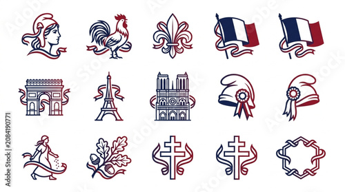 Obraz na plátně Collection of French Symbols and Icons in a Graphic Style.