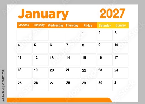 Cuadro en lienzo January 2027 monthly calendar page with orange and yellow design elements for sc