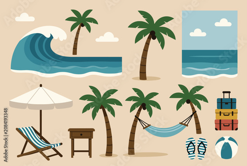 Collection of summer beach vacation elements including palm trees, ocean waves, lounge chairs, luggage, and a hammock.