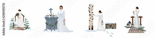 Obraz na płótnie Elegant winter wedding illustrations set featuring a woman in a white dress, snow-covered trees, altar with cross, lanterns, and festive decorations