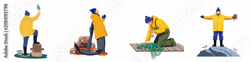 Foto Set of flat vector illustrations depicting various scenes from a fisherman's life, including prayer, spiritual rituals, and seafaring activities on a white background