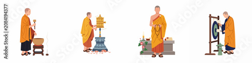Fotografie Vector illustrations of Buddhist monks performing traditional rituals including meditation, spinning a prayer wheel, striking a gong, and using a singing bowl