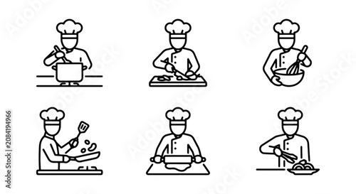 Chef Cooking Icons Set, Culinary Food Preparation Vector Graphics, Kitchen Activity Illustrations