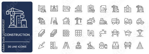 Construction icon set. Collection of architecture blueprint, heavy machinery, building material, project management and worker safety line icon vector illustration with editable stroke.