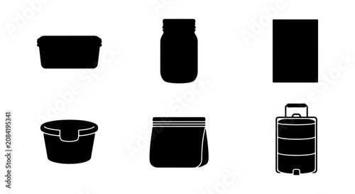 Food Storage Containers, Lunch Box, Jar Vector Icons Set