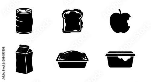 Food Icons Set: Canned Goods, Sandwich, Apple, Milk Carton, Loaf, Container