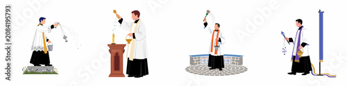 Canvastavla Illustration of Catholic priests performing various liturgical rites, including blessing with holy water and using incense during traditional church ceremonies