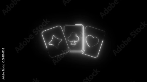 Neon glowing playing cards animation, casino gambling concept, poker hand symbols on black background