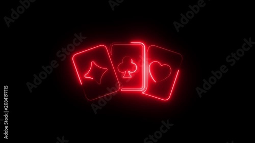 Glowing red neon playing cards animation, casino gambling concept, poker hand symbols on black background