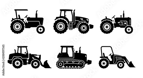 Fotografía Tractor Icons Set, Agricultural Machinery Vector Collection, Farm Equipment Silh