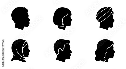 Tableau sur toile Diverse Human Silhouettes, Profile Icons Set, Multicultural Faces Collection