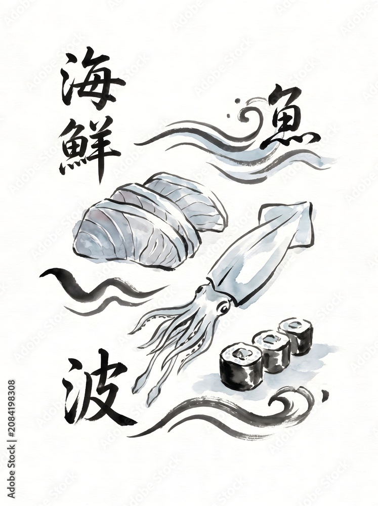 Naklejka premium Sushi and seafood illustration with calligraphy