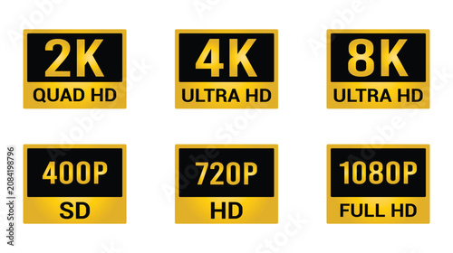Foto Set of Video Resolution Labels icon set, 2k quad Hd, 4k Ultra Hd, 8k Ultra Hd, 480p SD, 720p HD, 1080p