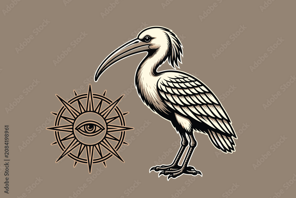 Obraz premium Mystical illustration of an ibis bird standing next to an eye of providence sun symbol in a retro engraved style.